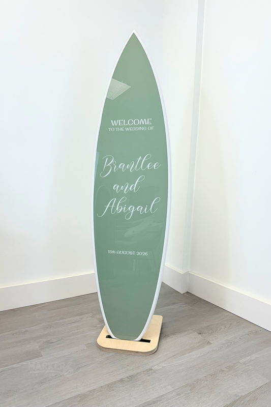 The Coastal Romance Vertical Wedding Surfboard Sign