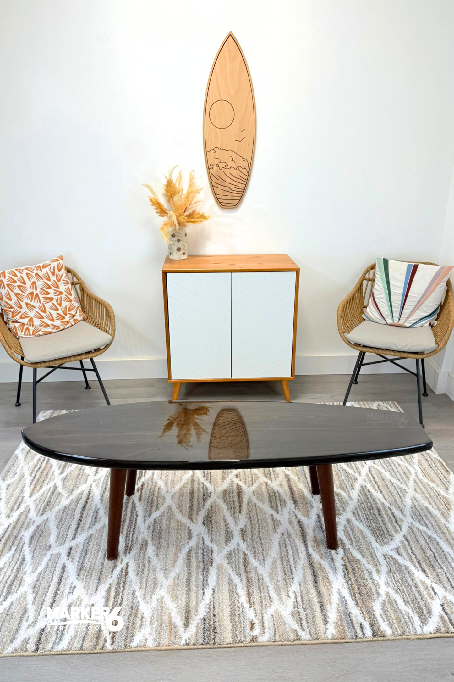 Dark Retro Surfboard Coffee Table – Mid Century Coastal Furniture