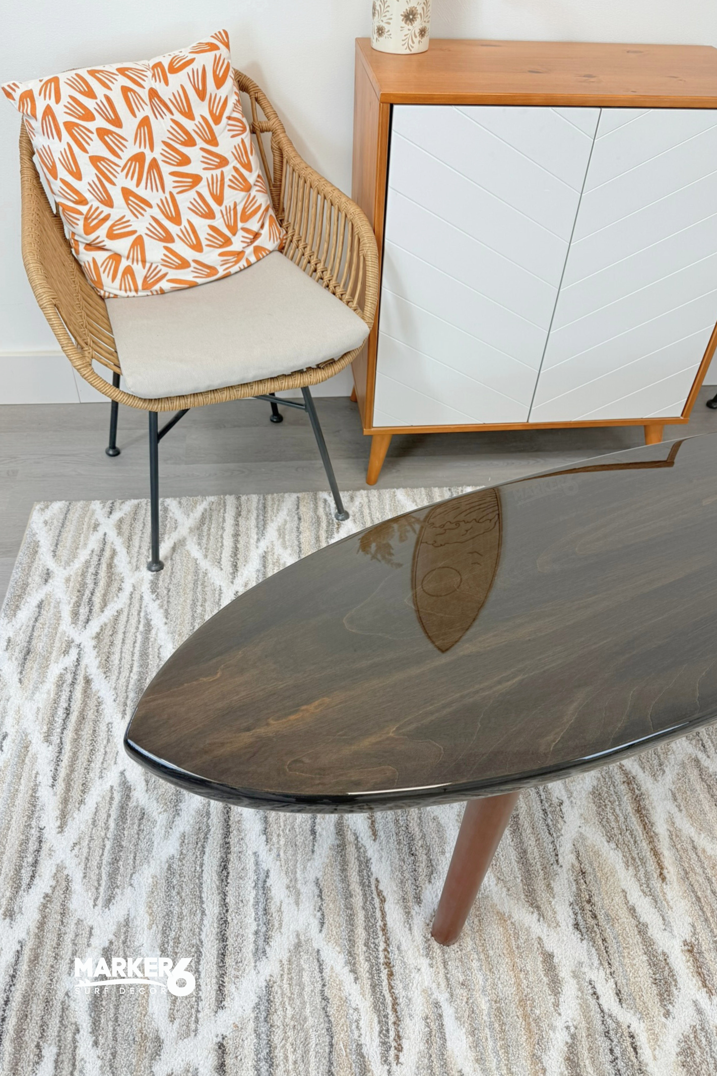 Dark Retro Surfboard Coffee Table – Mid Century Coastal Furniture