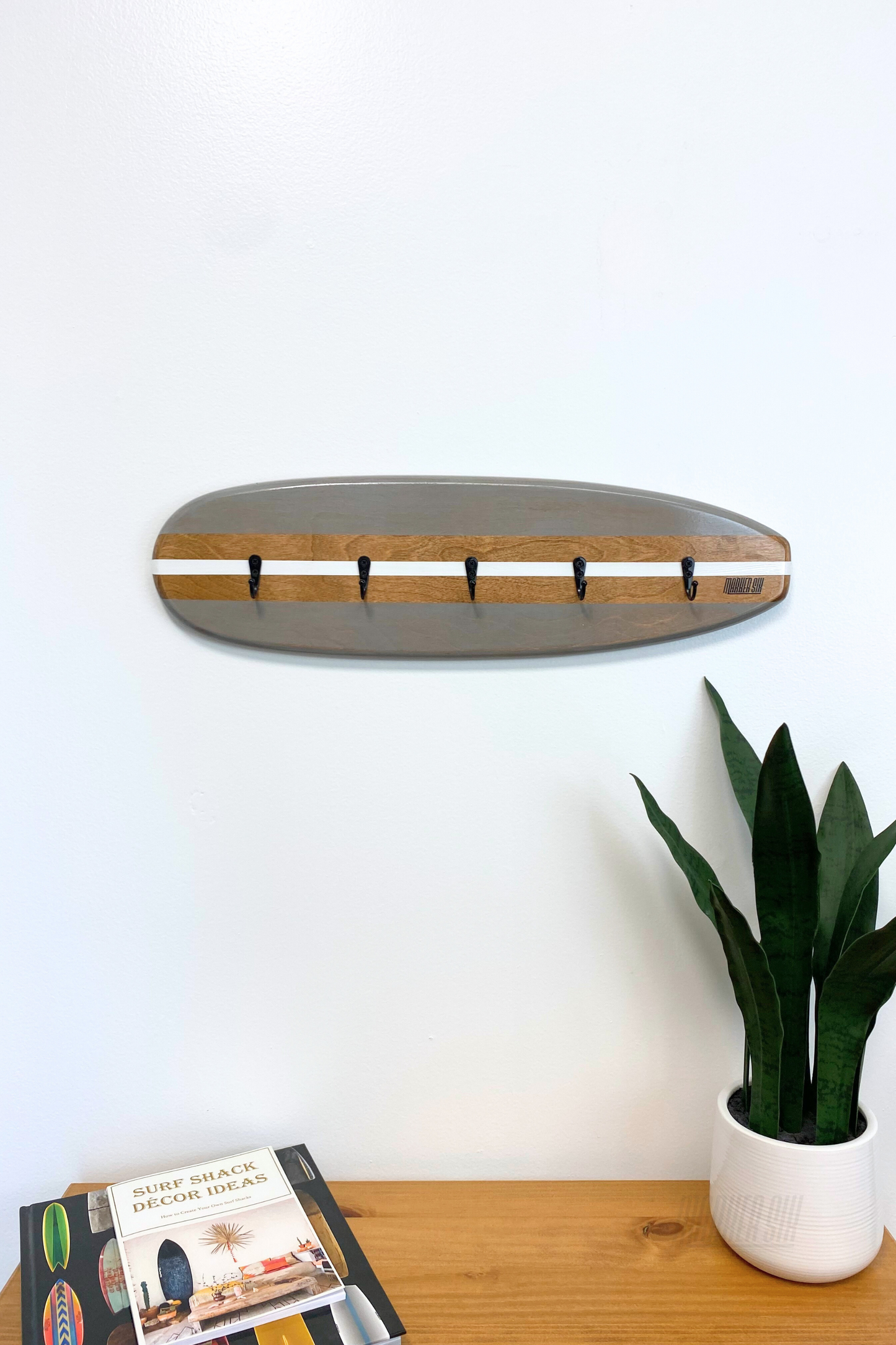 Gray and Stained Longboard Surfboard Key Holder