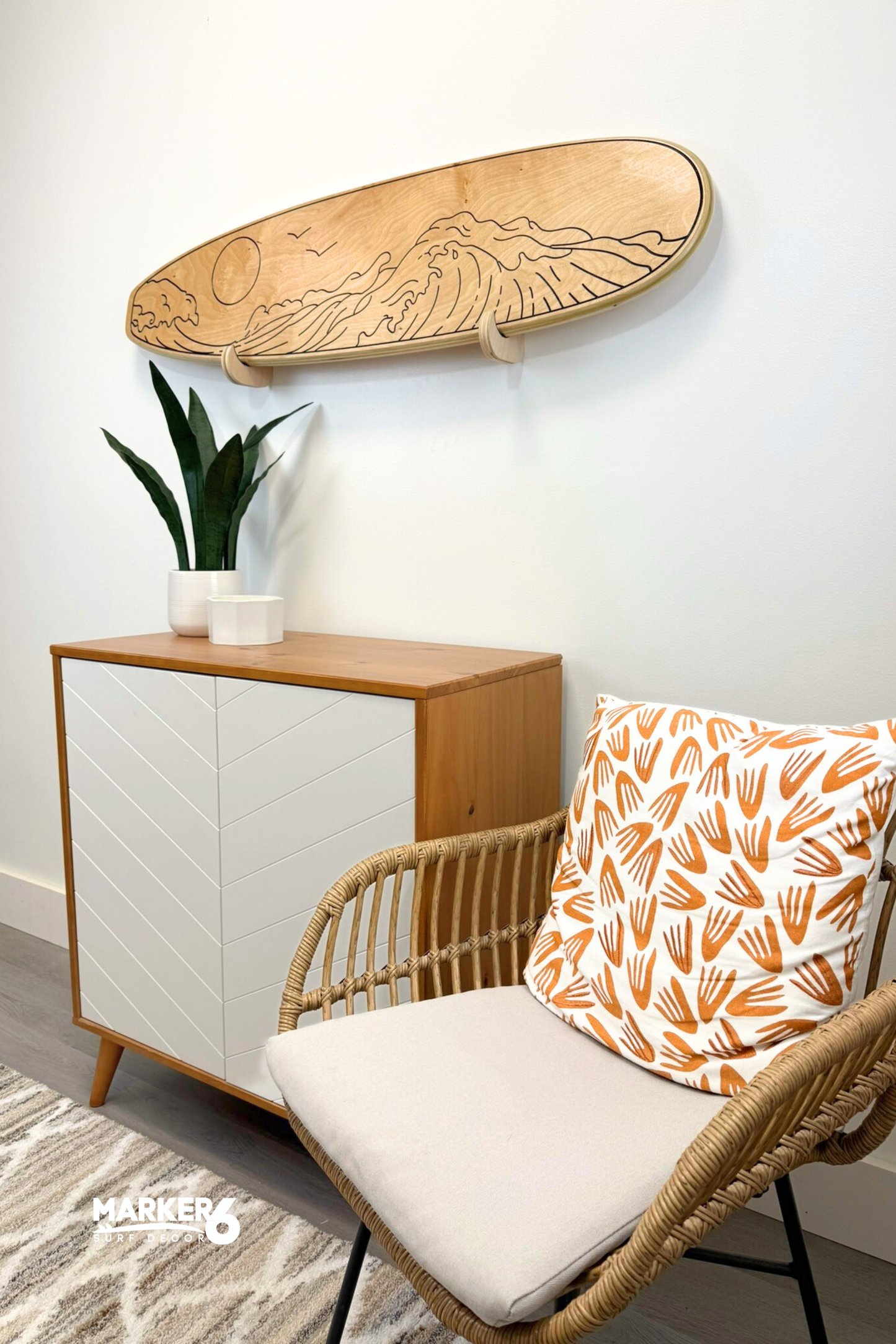 Natural Wood Ocean Line Art Surfboard Wall Decor