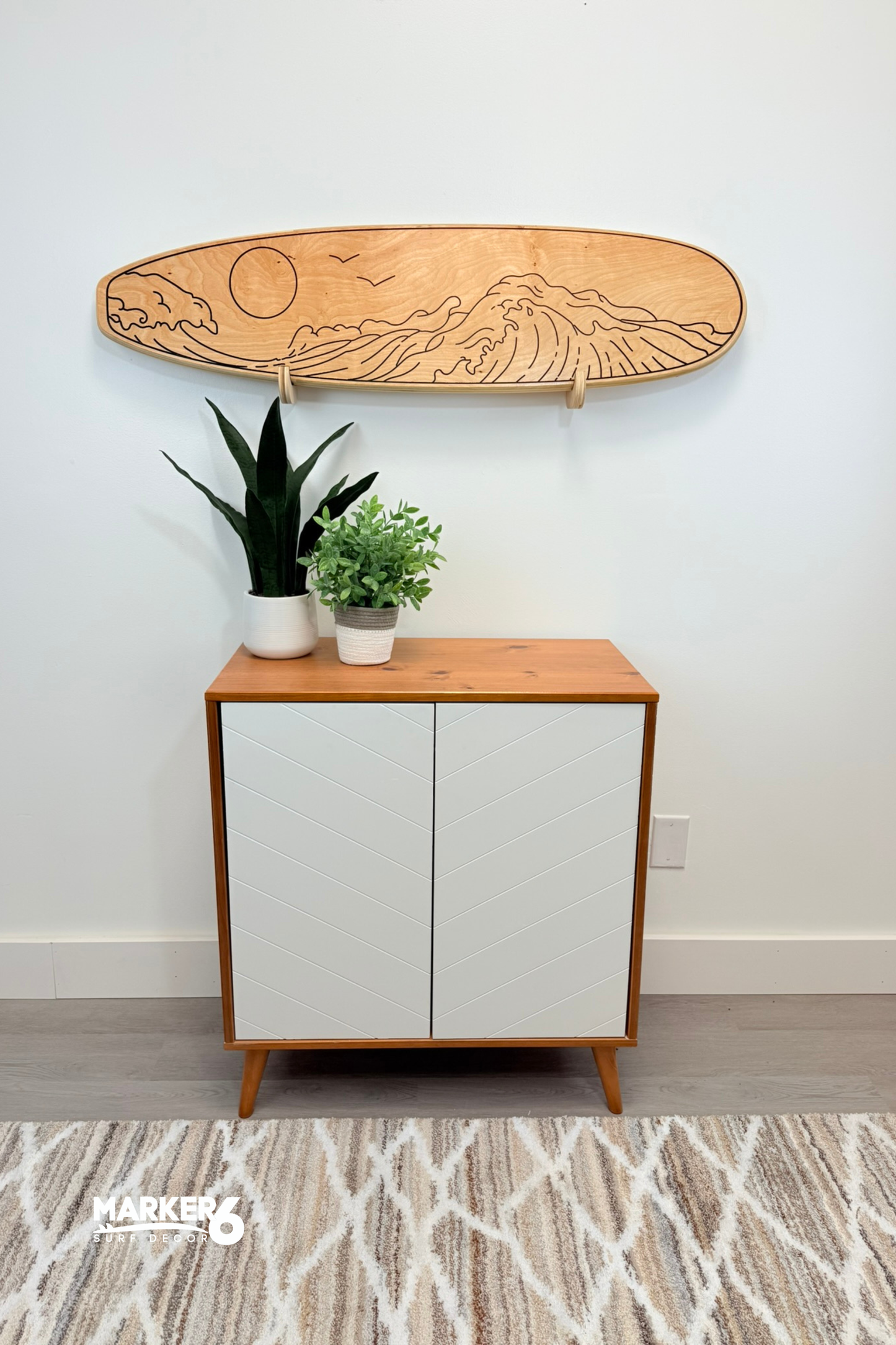 Natural Wood Ocean Line Art Surfboard Wall Decor