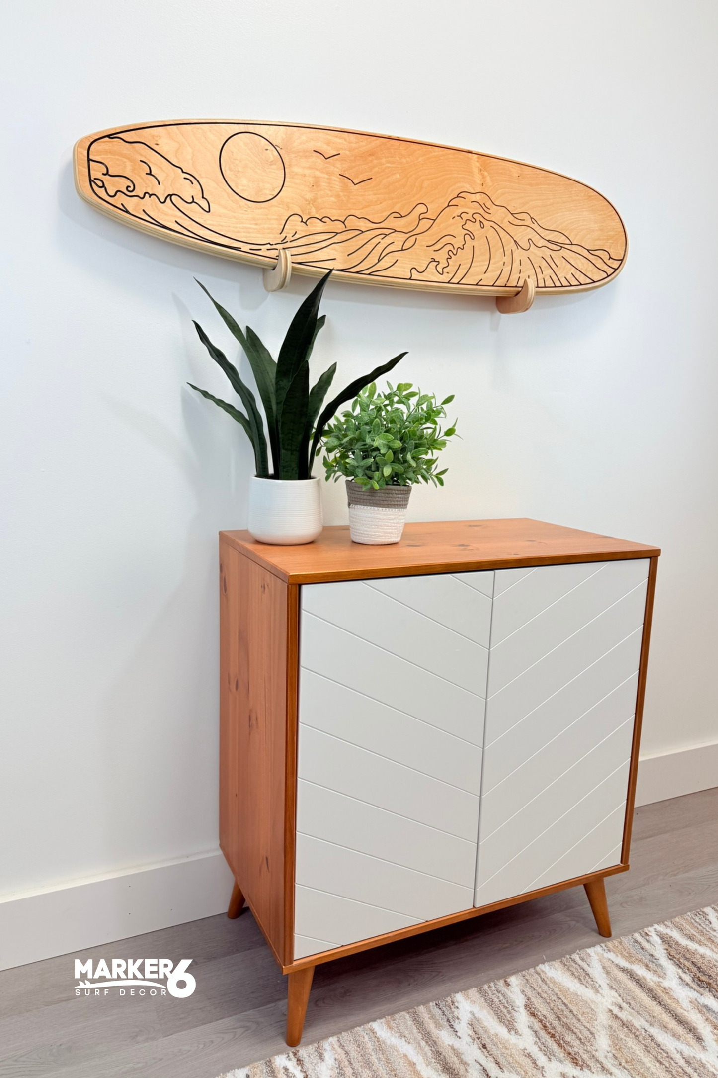 Natural Wood Ocean Line Art Surfboard Wall Decor
