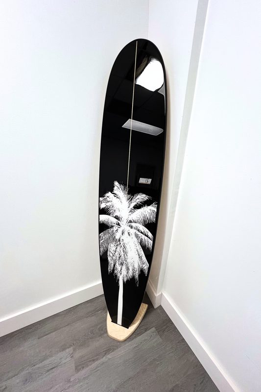 Modern Black and White Palm Longboard Surfboard Wall Art
