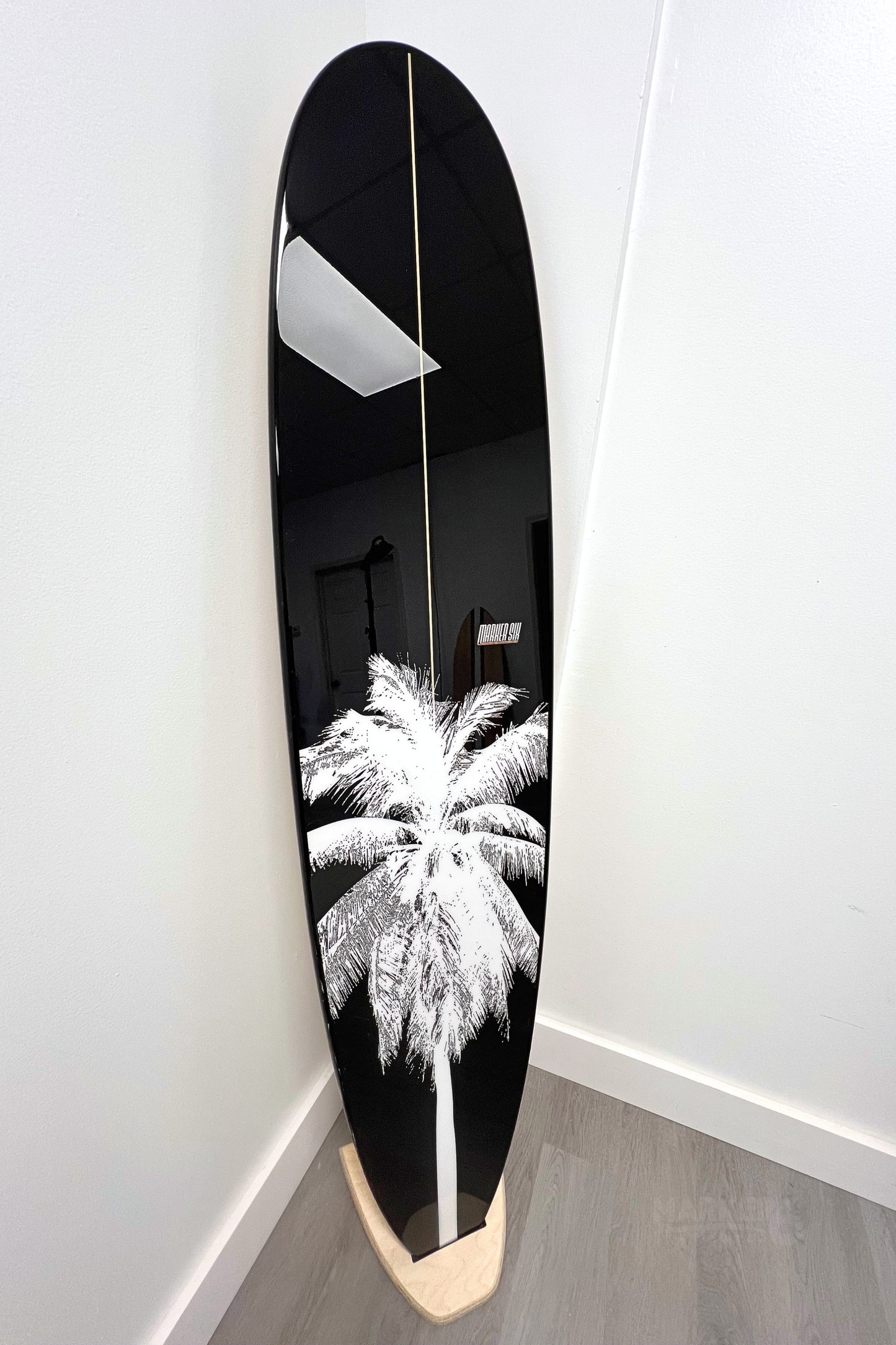 Modern Black and White Palm Longboard Surfboard Wall Art