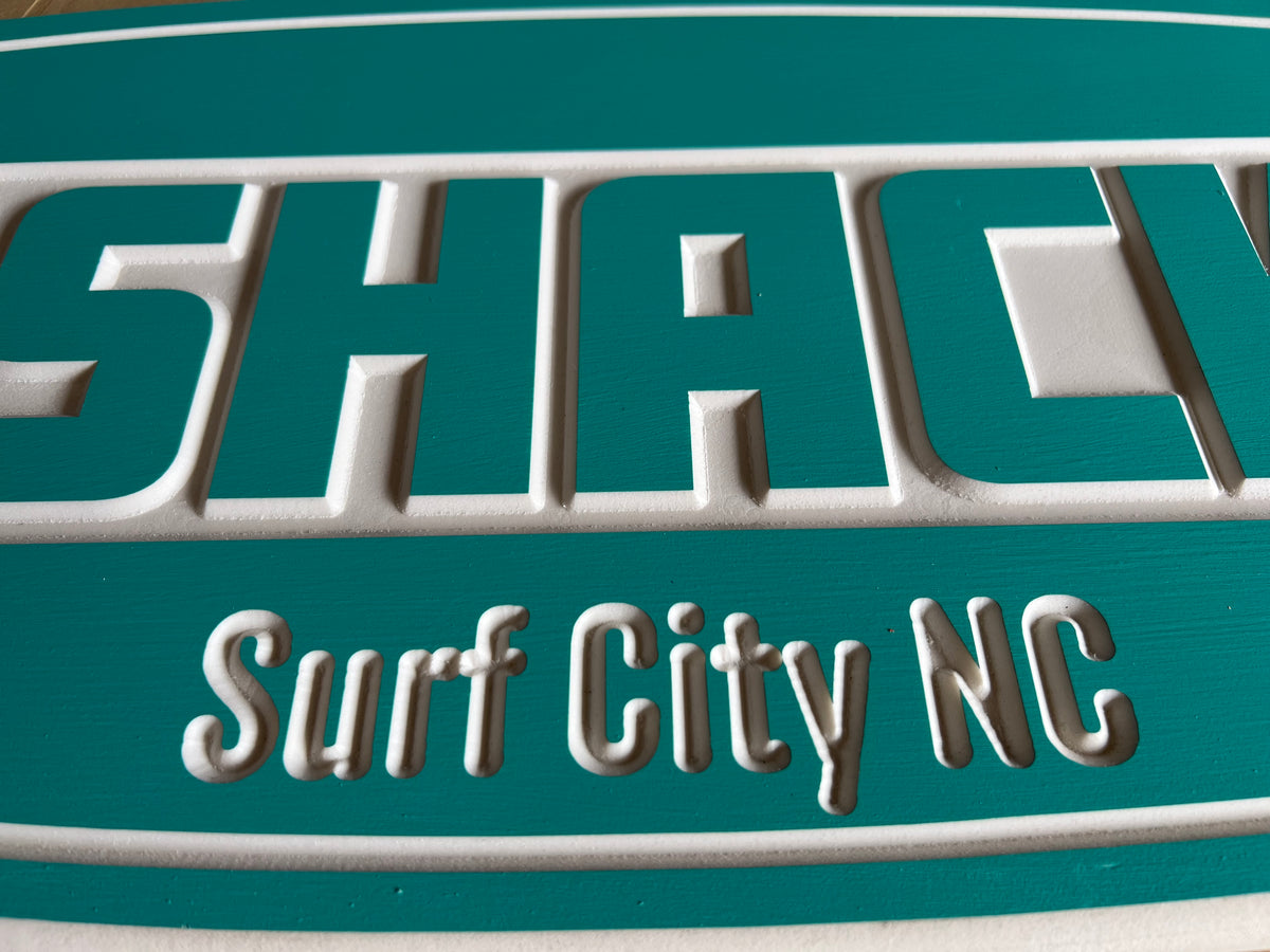 The Surf Shack Outdoor Carved Surfboard PVC House Sign With Custom Icon