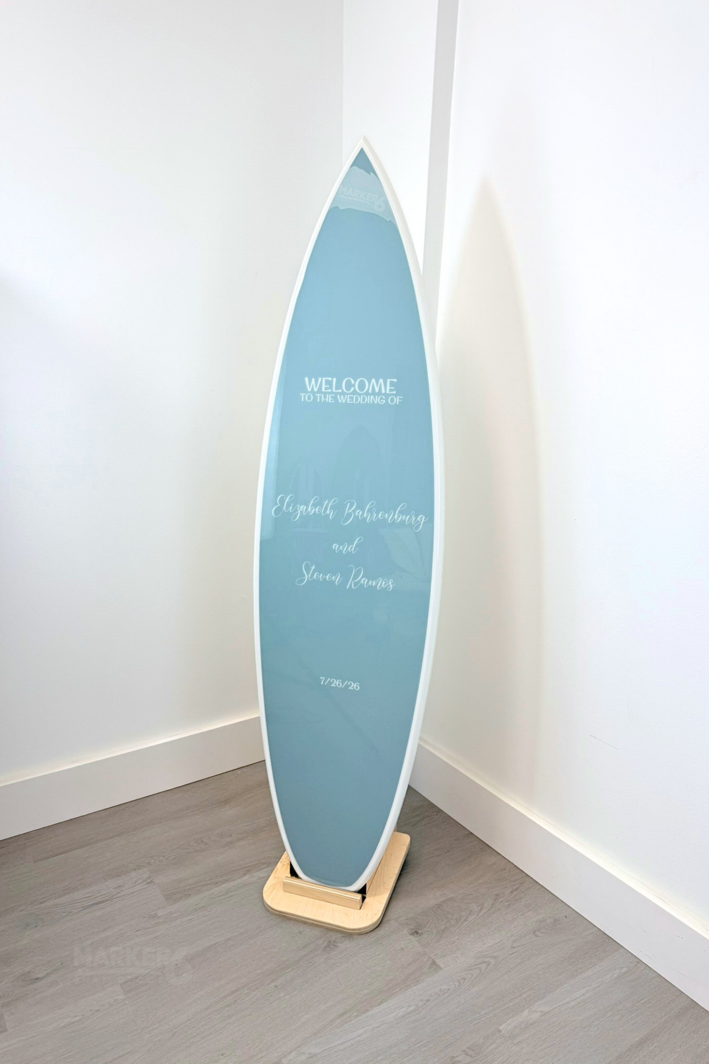 The Coastal Romance Vertical Wedding Surfboard Sign