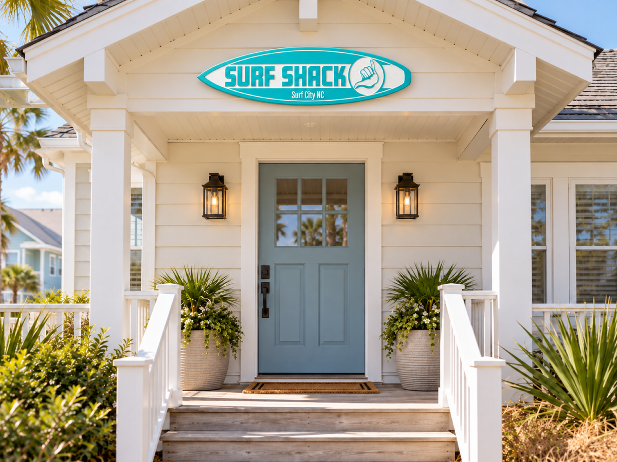 The Surf Shack Outdoor Carved Surfboard PVC House Sign With Custom Icon