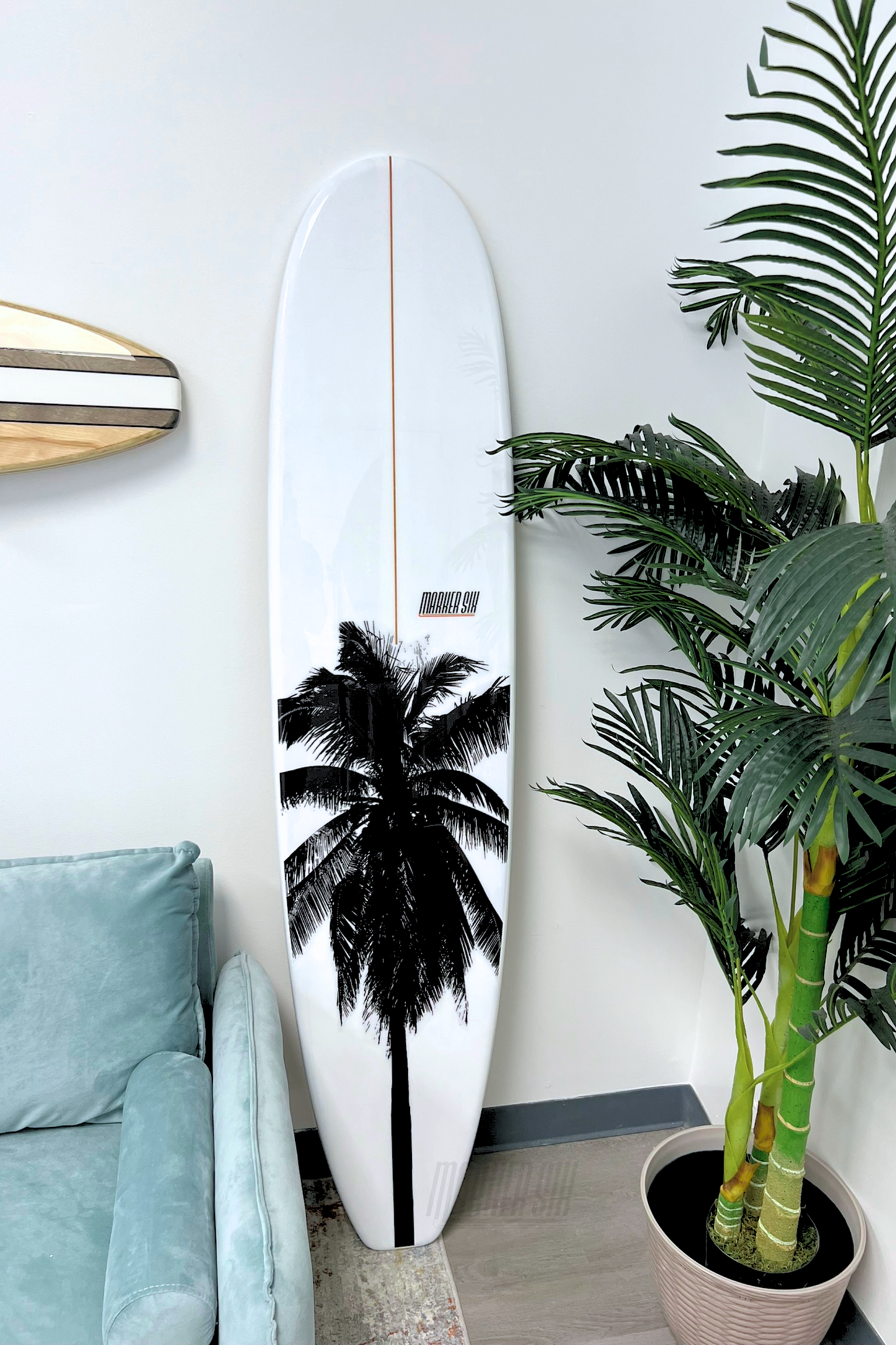 Modern Black and White Palm Longboard Surfboard Wall Art