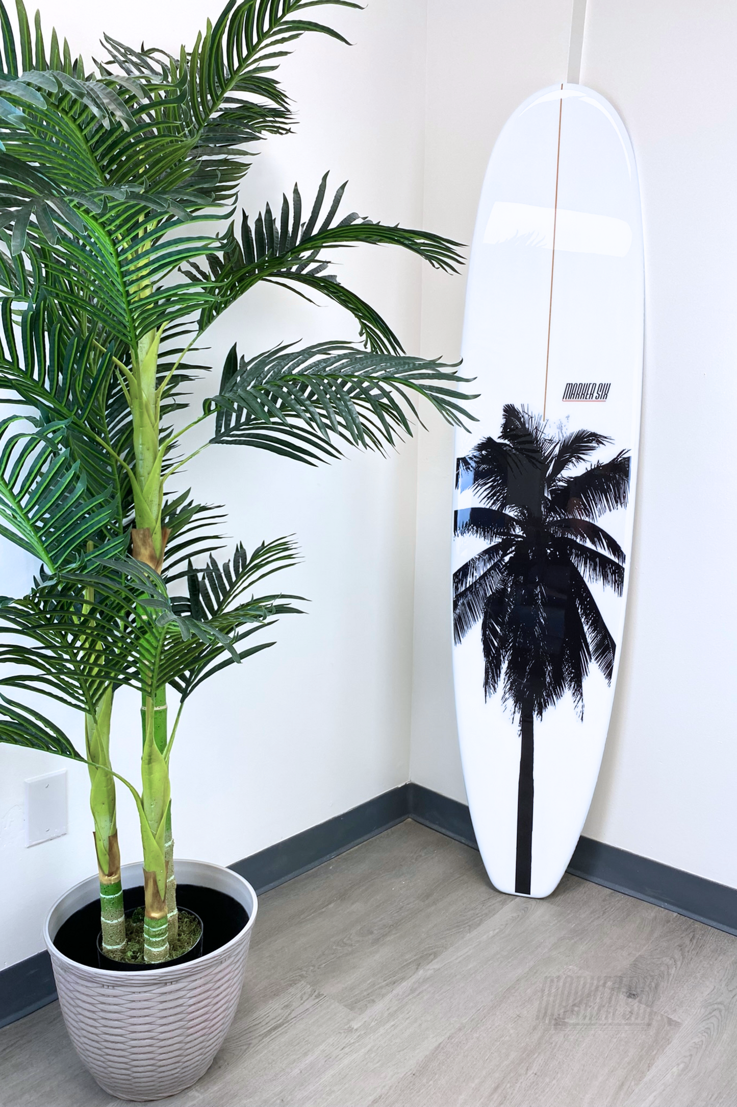 Modern Black and White Palm Longboard Surfboard Wall Art