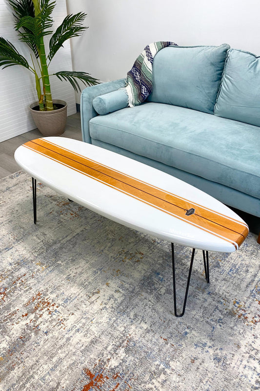 White and Wood Grain Surfboard Coffee Table