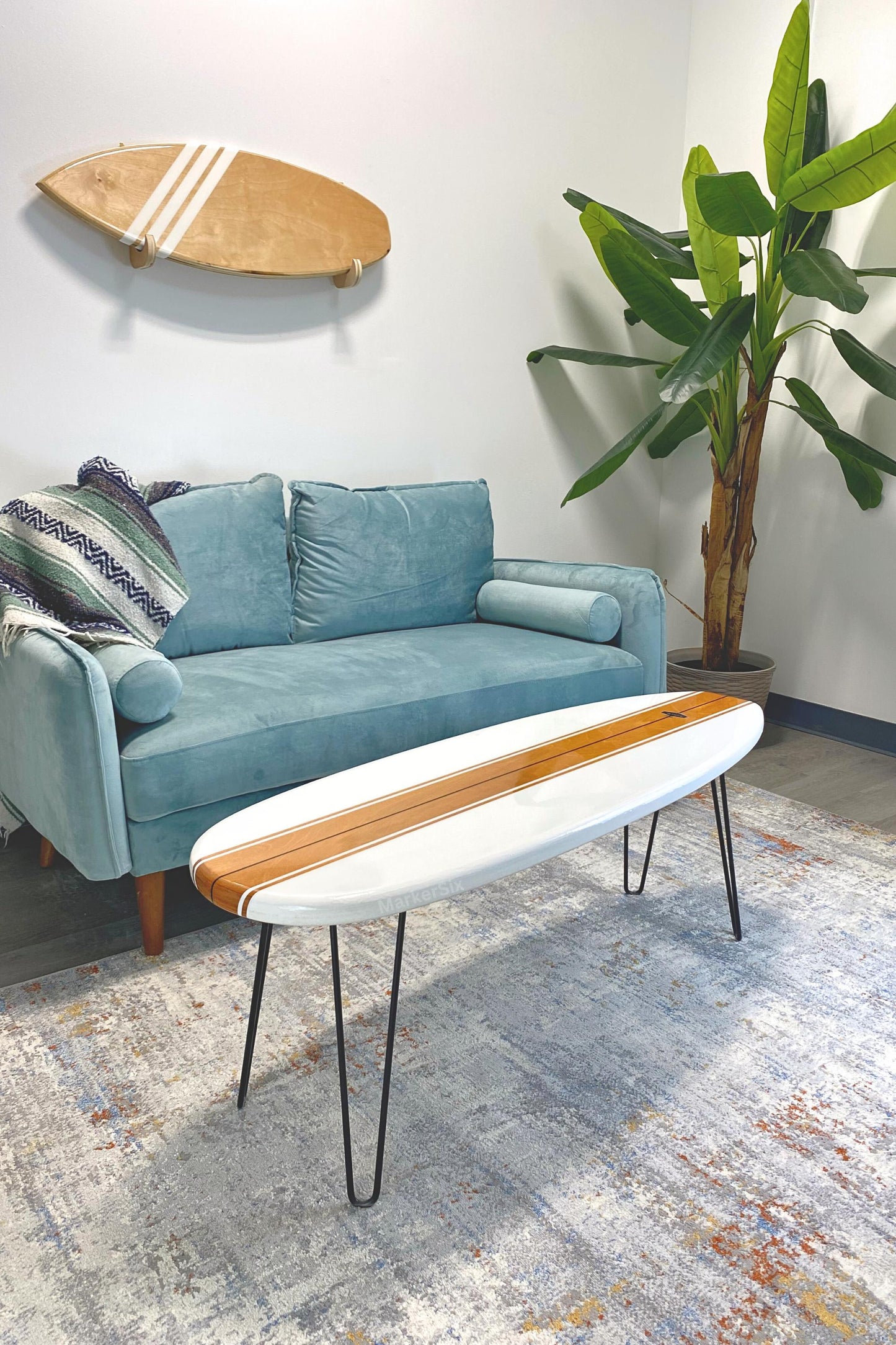 White and Wood Grain Surfboard Coffee Table